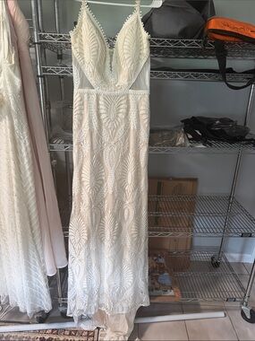 Lace-Embellished White Maxi Dress with Spaghetti Straps